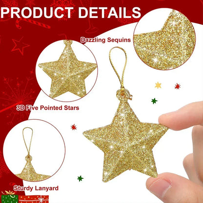 Gold Glitter Star Ornaments, Christmas Tree Pendant, Festive Party Decorations