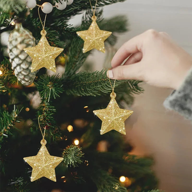Gold Glitter Star Ornaments, Christmas Tree Pendant, Festive Party Decorations