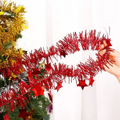 Christmas PVC Tinsel Ribbon Garlands, Colorful Star Ornaments for Tree and Home Decor