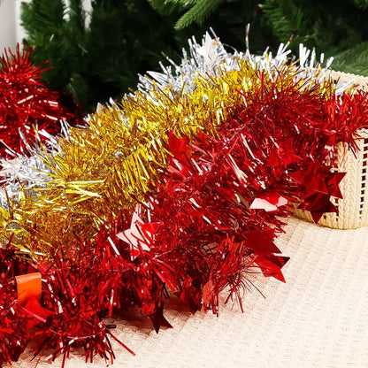 Christmas PVC Tinsel Ribbon Garlands, Colorful Star Ornaments for Tree and Home Decor