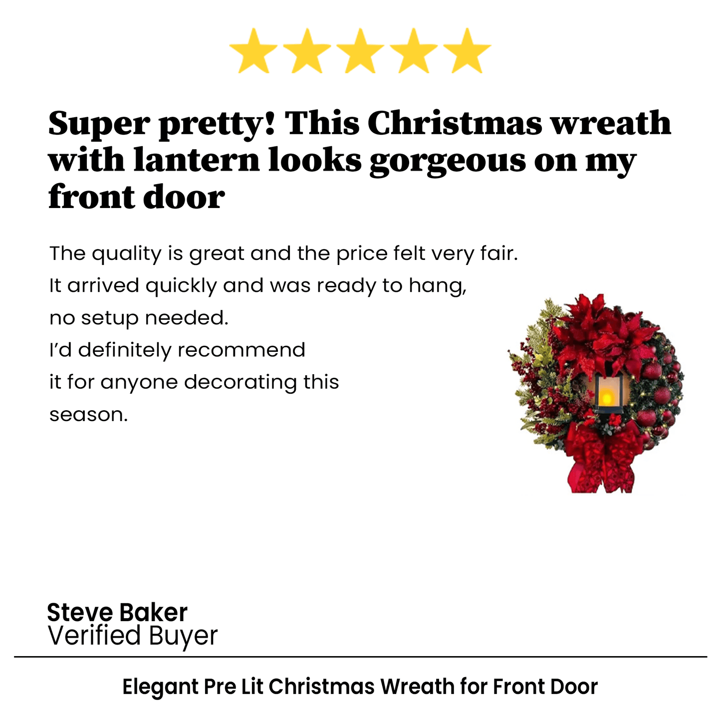 Elegant Pre Lit Christmas Wreath for Front Door, Garland with LED Lantern and Large Bow for Holiday Wall Decor