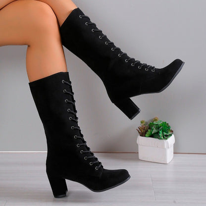 Womens Winter Boots, Coarse Heel, Round Head, Anti-slip, Wear-resistant High Boots with Front Cross Lacing