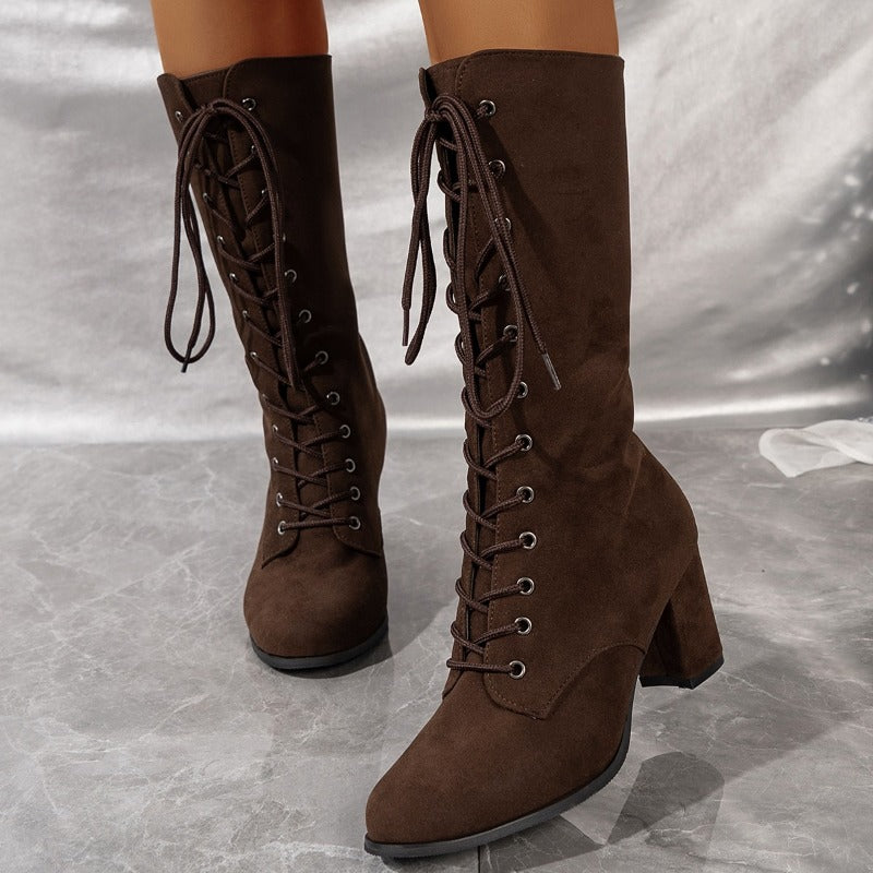 Womens Winter Boots, Coarse Heel, Round Head, Anti-slip, Wear-resistant High Boots with Front Cross Lacing