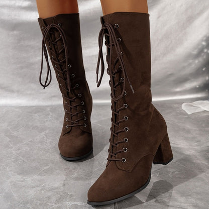 Womens Winter Boots, Coarse Heel, Round Head, Anti-slip, Wear-resistant High Boots with Front Cross Lacing