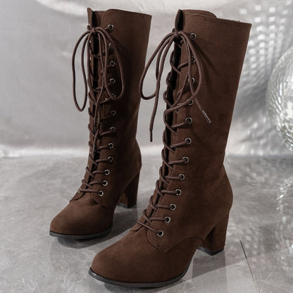 Womens Winter Boots, Coarse Heel, Round Head, Anti-slip, Wear-resistant High Boots with Front Cross Lacing