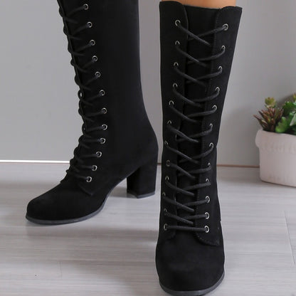 Womens Winter Boots, Coarse Heel, Round Head, Anti-slip, Wear-resistant High Boots with Front Cross Lacing