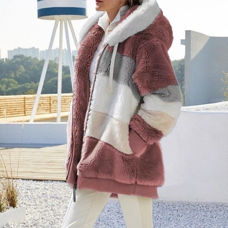 Oversized Jacket for Women, Hooded, Plush Pocket, Autumn Winter Outerwear, Street Wear Loose Lady Coat