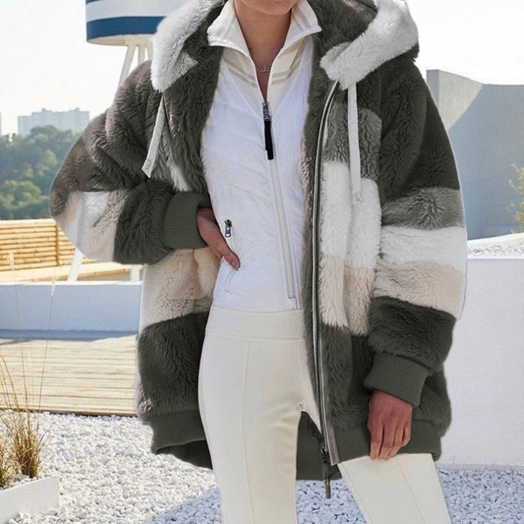 Oversized Jacket for Women, Hooded, Plush Pocket, Autumn Winter Outerwear, Street Wear Loose Lady Coat