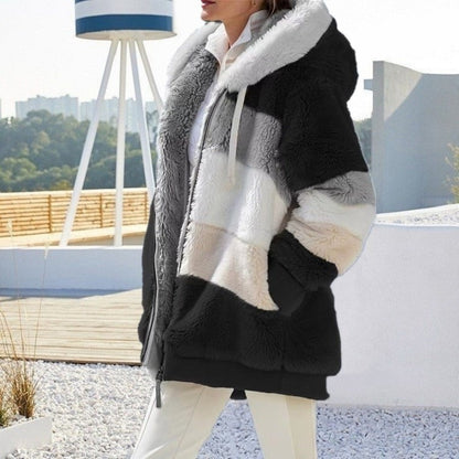 Oversized Jacket for Women, Hooded, Plush Pocket, Autumn Winter Outerwear, Street Wear Loose Lady Coat