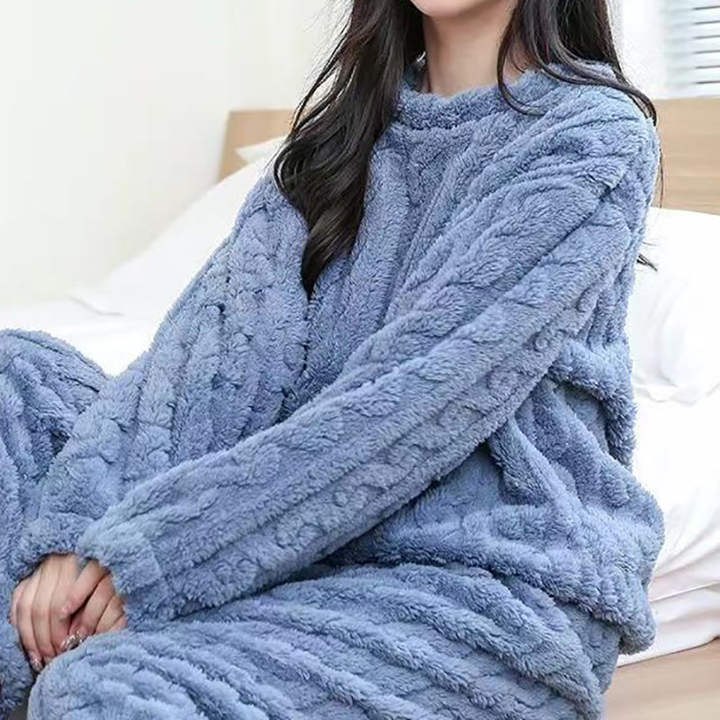 Autumn Women Solid Warm Sets, Thicken Velvet Ribbed Fleece Pullover and Pants, Casual Pajama Sets