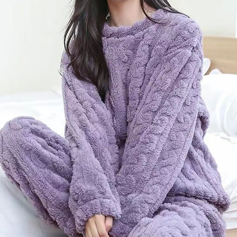 Autumn Women Solid Warm Sets, Thicken Velvet Ribbed Fleece Pullover and Pants, Casual Pajama Sets