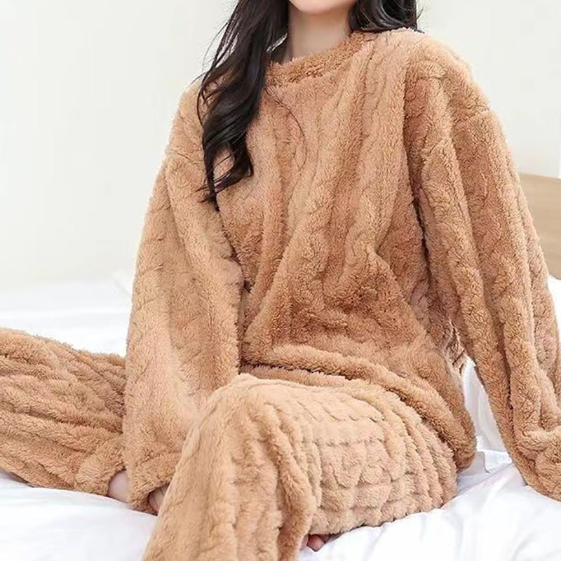 Autumn Women Solid Warm Sets, Thicken Velvet Ribbed Fleece Pullover and Pants, Casual Pajama Sets