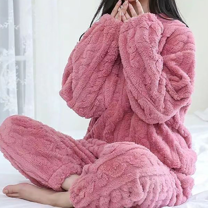 Autumn Women Solid Warm Sets, Thicken Velvet Ribbed Fleece Pullover and Pants, Casual Pajama Sets