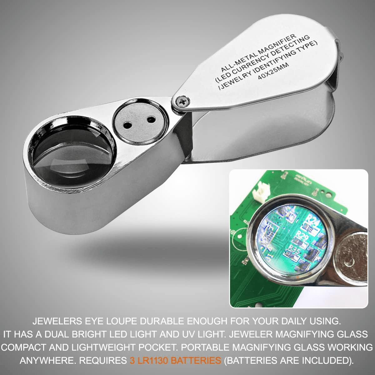40X Jewelers Loupe Magnifier with LED and UV Light – Metal Folding Magnifying Glass for Coins, Jewelry, and Stamps