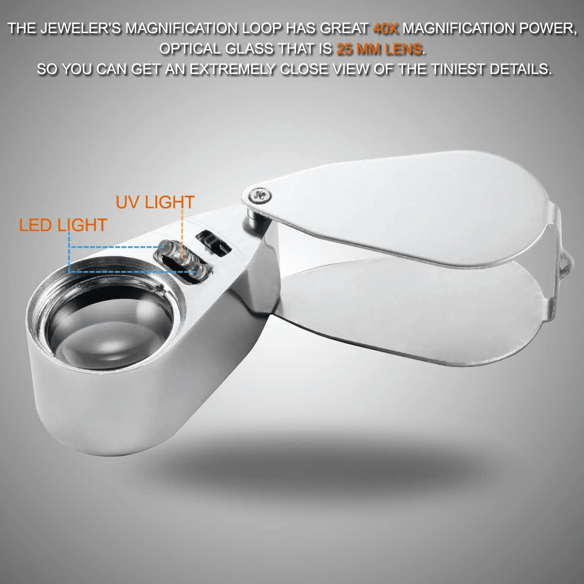 40X Jewelers Loupe Magnifier with LED and UV Light – Metal Folding Magnifying Glass for Coins, Jewelry, and Stamps