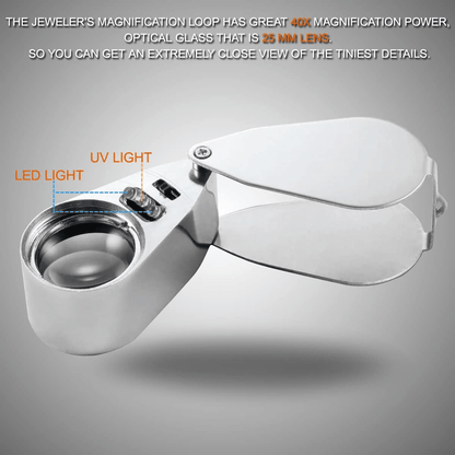 40X Jewelers Loupe Magnifier with LED and UV Light – Metal Folding Magnifying Glass for Coins, Jewelry, and Stamps