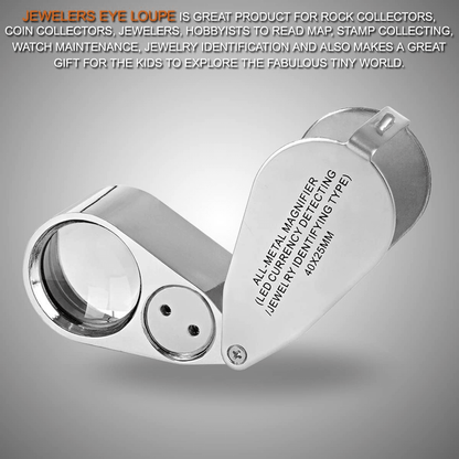 40X Jewelers Loupe Magnifier with LED and UV Light – Metal Folding Magnifying Glass for Coins, Jewelry, and Stamps
