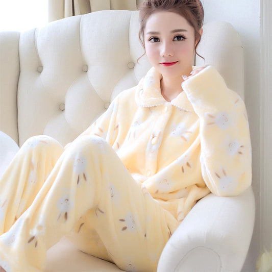 Women Autumn and Winter Warm Pyjamas Home Wear, Coral Velvet Pajamas, Girls Thickened Padded Flannel Suit