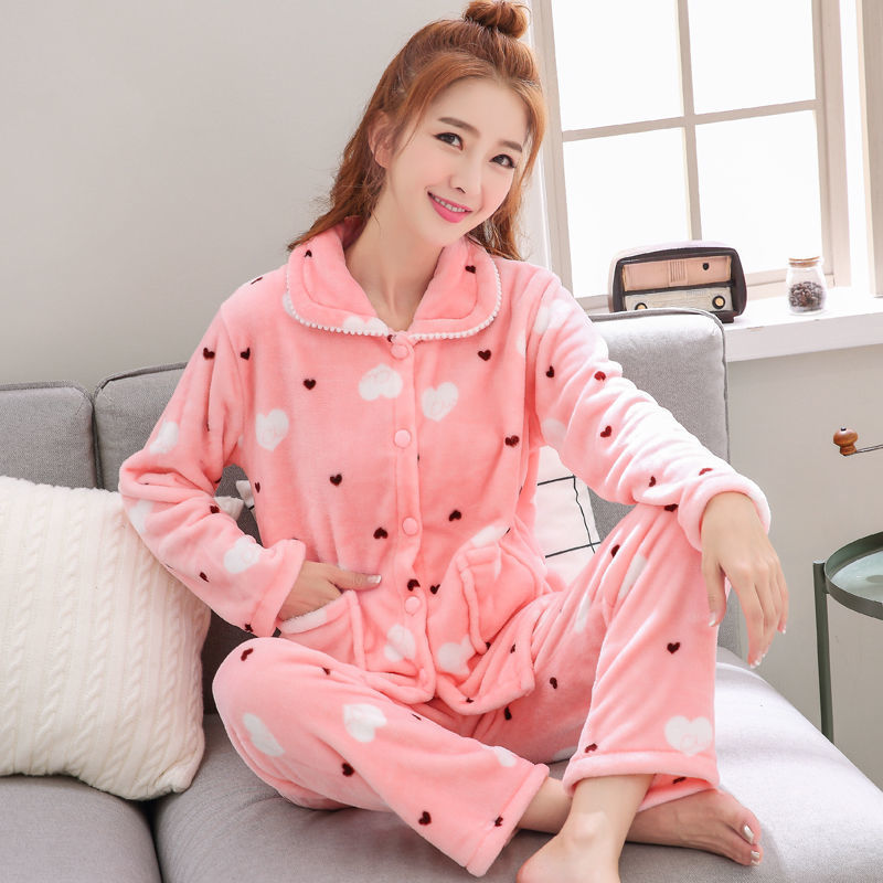 Women Autumn and Winter Warm Pyjamas Home Wear, Coral Velvet Pajamas, Girls Thickened Padded Flannel Suit