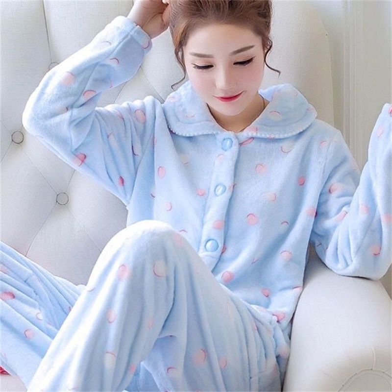 Women Autumn and Winter Warm Pyjamas Home Wear, Coral Velvet Pajamas, Girls Thickened Padded Flannel Suit