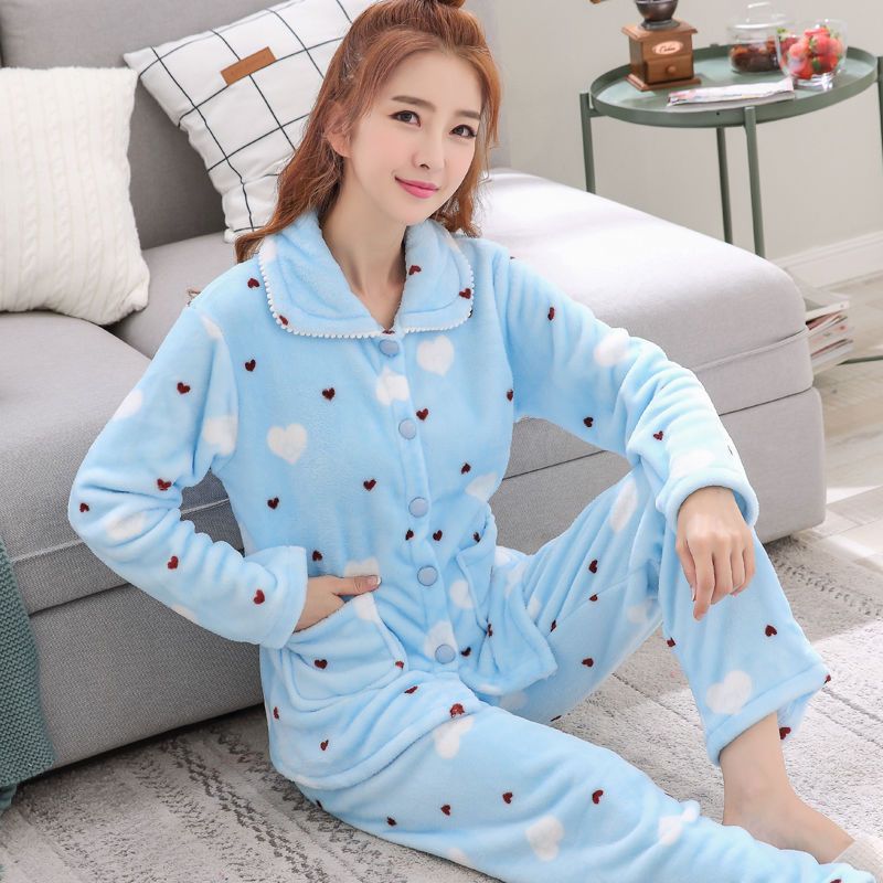 Women Autumn and Winter Warm Pyjamas Home Wear, Coral Velvet Pajamas, Girls Thickened Padded Flannel Suit