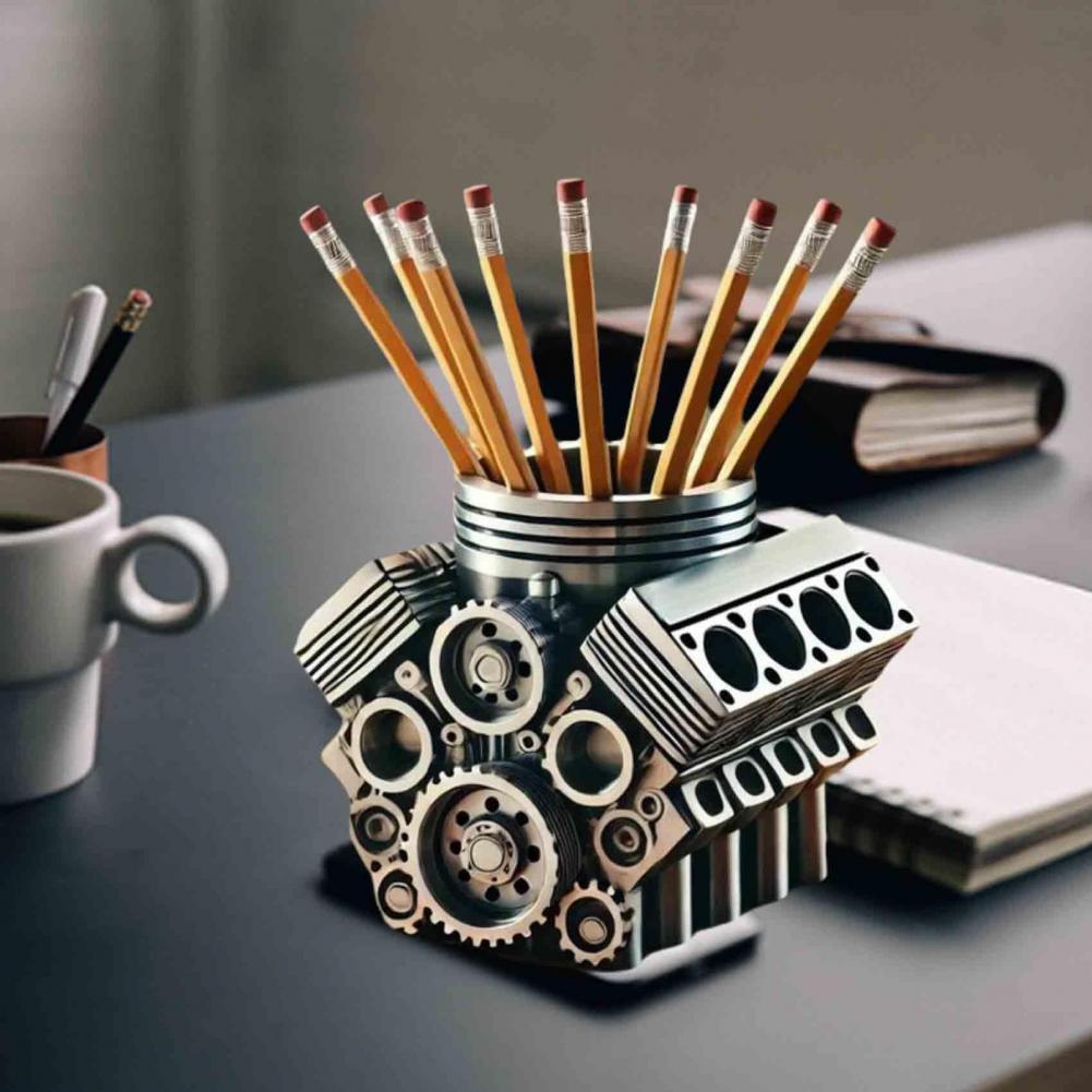 Creative V8 Car Engine Pen Holder, Office Stationery Organizer, Car Themed Desk Decor Gift for Home