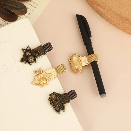 Vintage Insect-Themed Metal Spring Pen Clip - Gold Bee & Cicada Notebook Holder