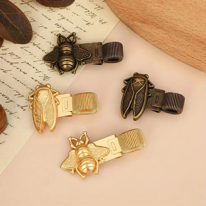 Vintage Insect-Themed Metal Spring Pen Clip - Gold Bee & Cicada Notebook Holder