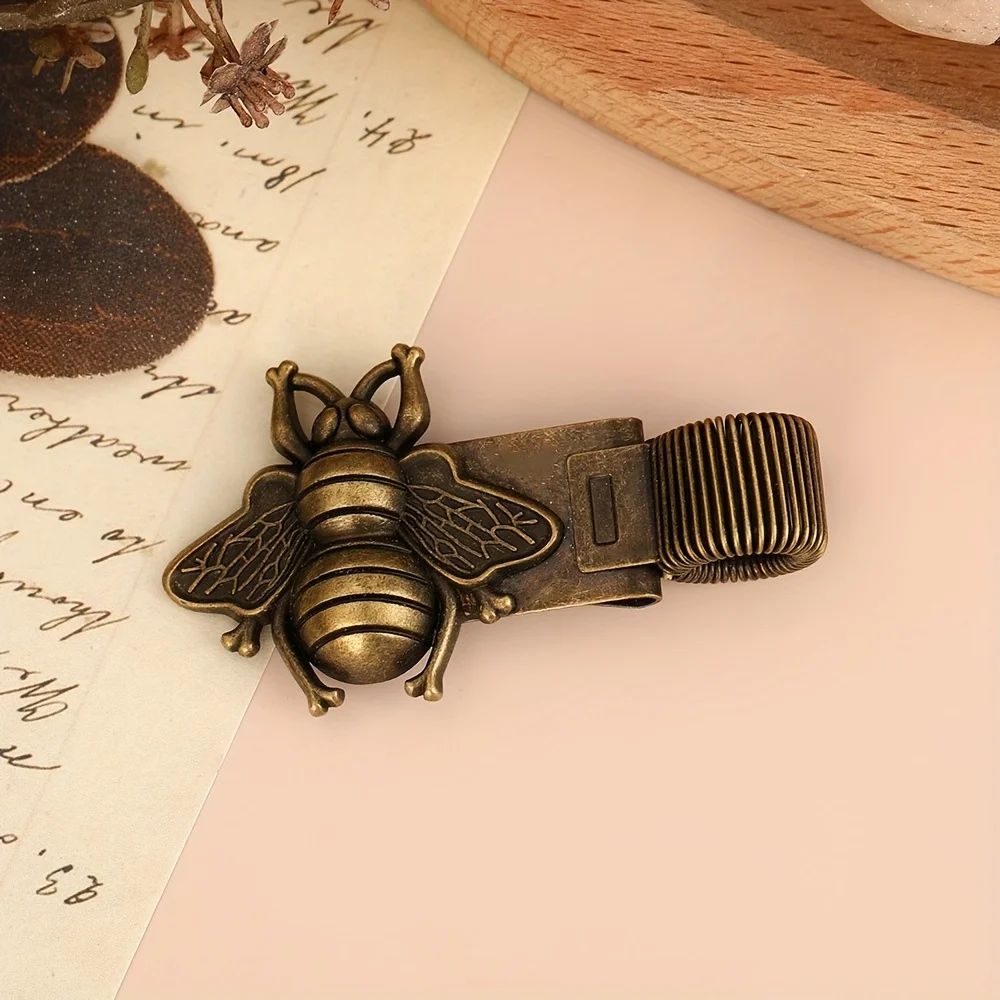 Vintage Insect-Themed Metal Spring Pen Clip - Gold Bee & Cicada Notebook Holder