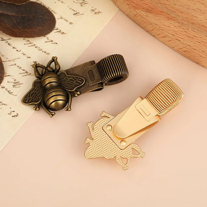 Vintage Insect-Themed Metal Spring Pen Clip - Gold Bee & Cicada Notebook Holder