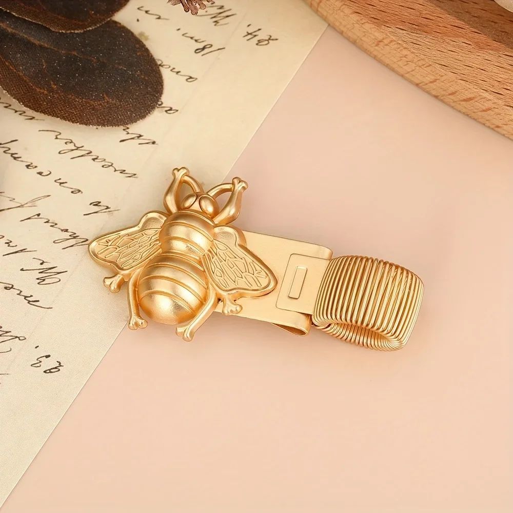 Vintage Insect-Themed Metal Spring Pen Clip - Gold Bee & Cicada Notebook Holder