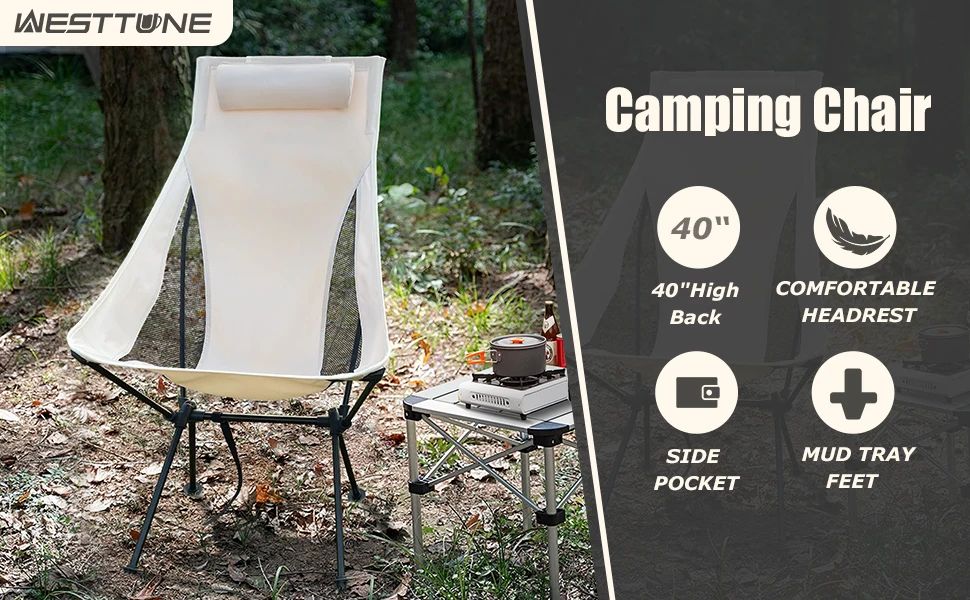 Westtune Portable Folding Camping Chair with Headrest Lightweight Outdoor Chair