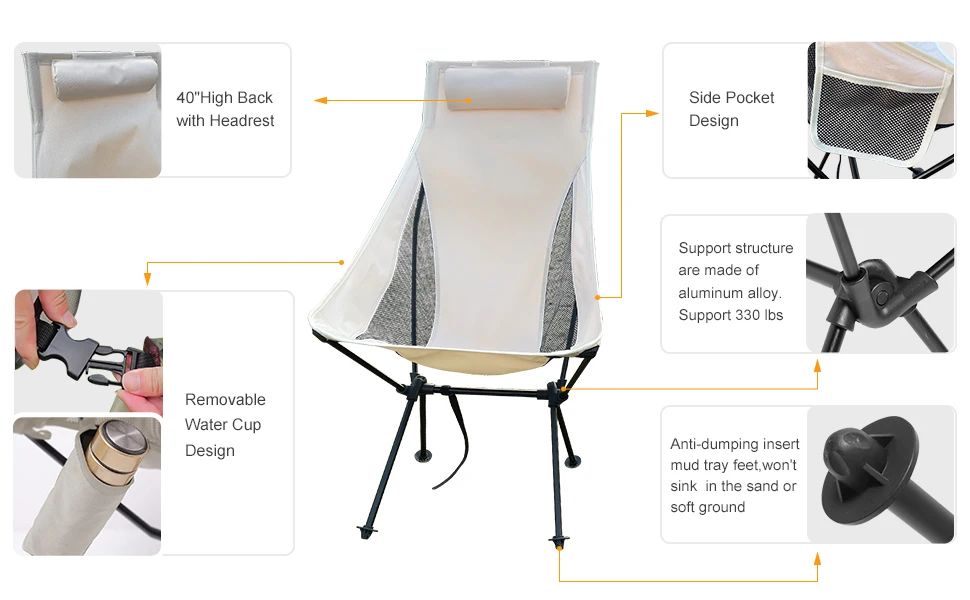 Westtune Portable Folding Camping Chair with Headrest Lightweight Outdoor Chair