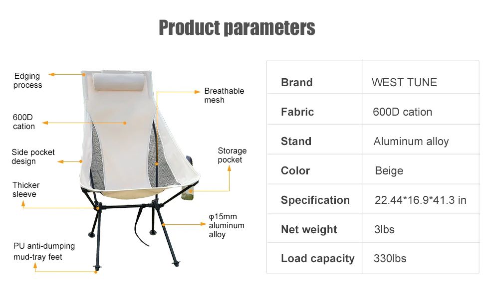 Westtune Portable Folding Camping Chair with Headrest Lightweight Outdoor Chair