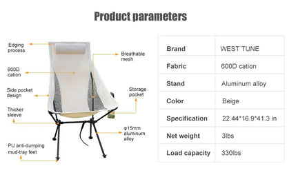 Westtune Portable Folding Camping Chair with Headrest Lightweight Outdoor Chair