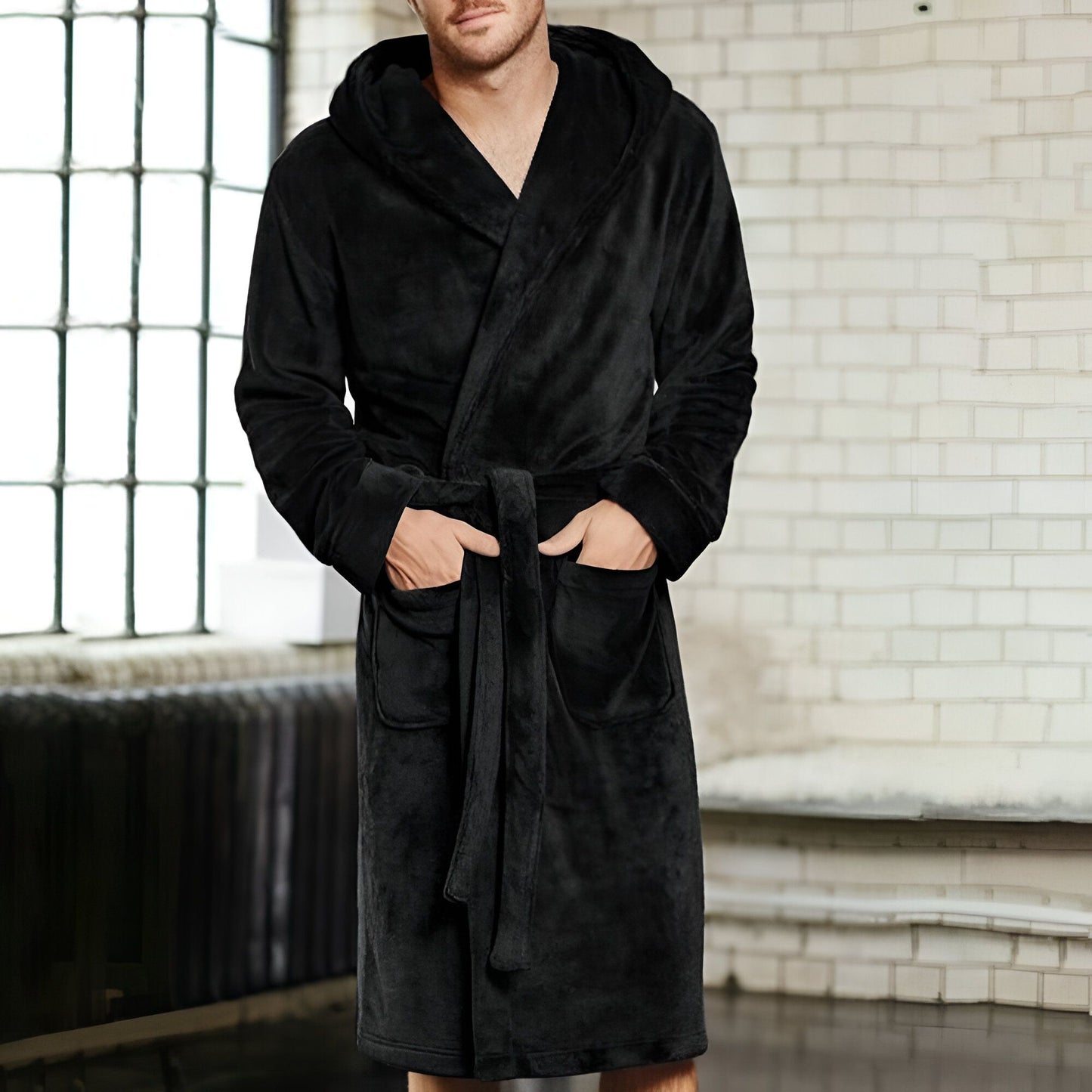 Men's Hooded Bathrobe, Soft Fluffy Robe, Long Quick Dry Sleepwear, Home Gown