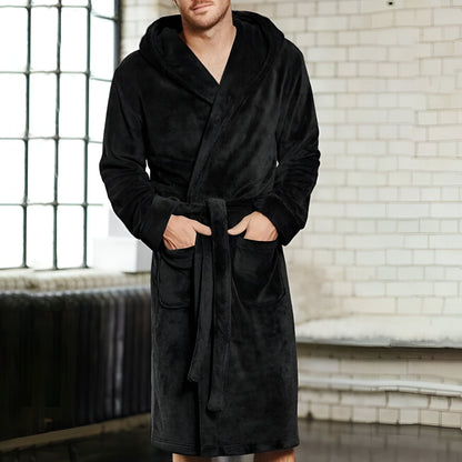 Men's Hooded Bathrobe, Soft Fluffy Robe, Long Quick Dry Sleepwear, Home Gown