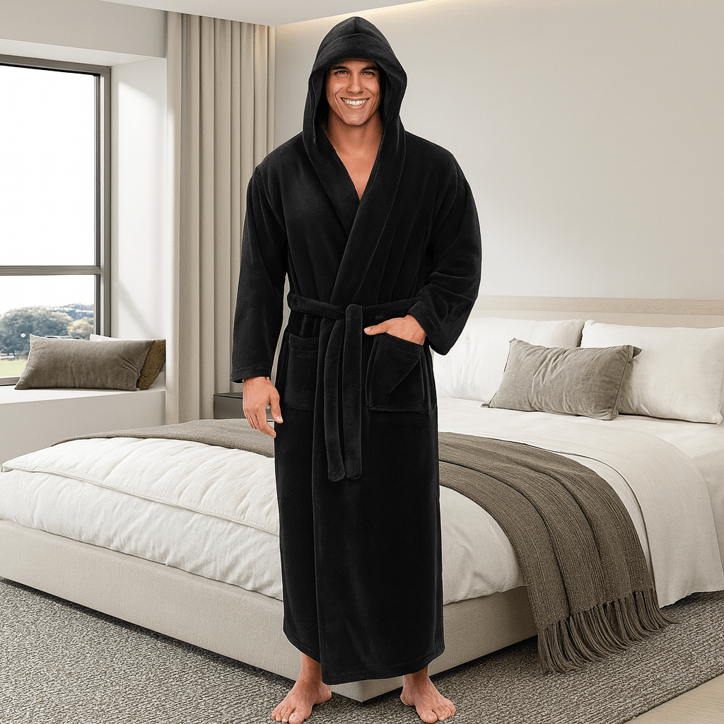 Men's Hooded Bathrobe, Soft Fluffy Robe, Long Quick Dry Sleepwear, Home Gown