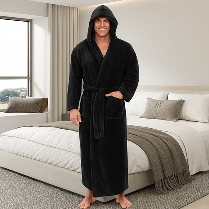 Men's Hooded Bathrobe, Soft Fluffy Robe, Long Quick Dry Sleepwear, Home Gown