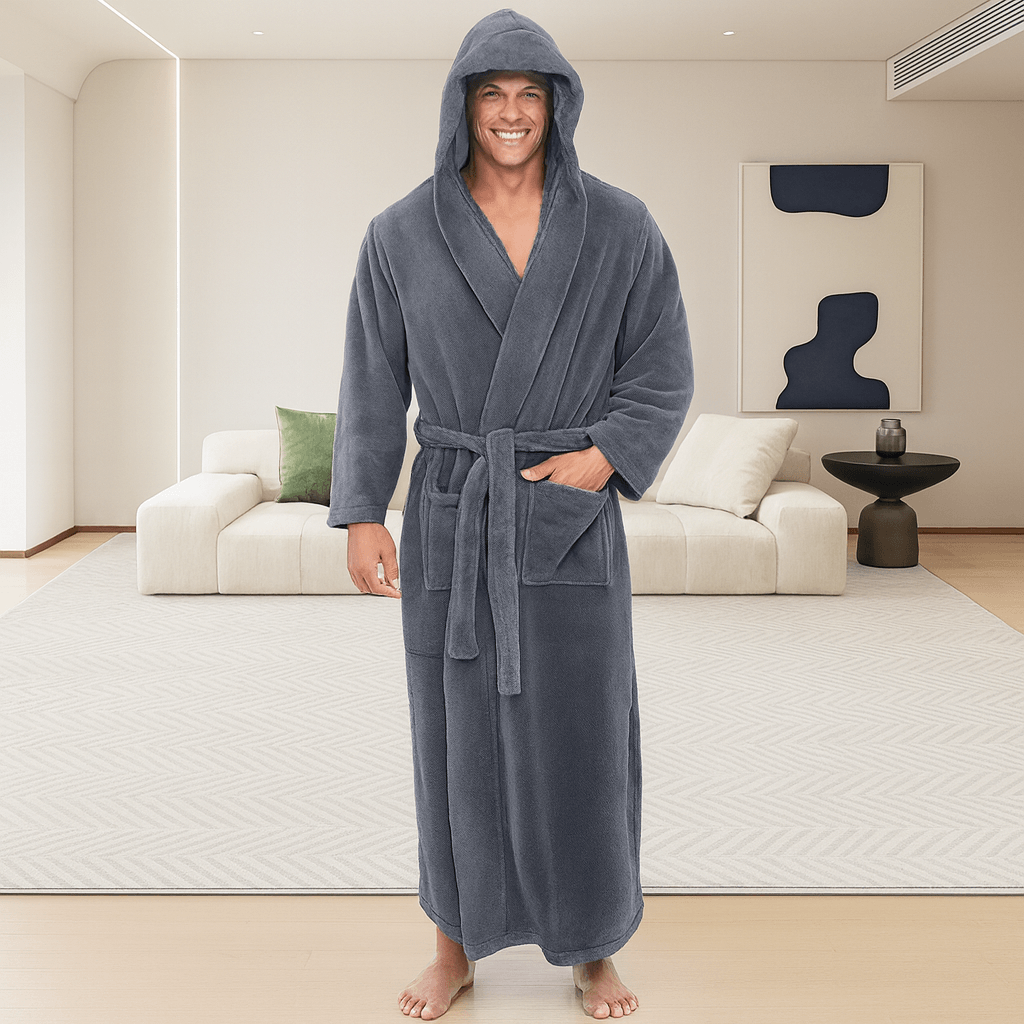 Men's Hooded Bathrobe, Soft Fluffy Robe, Long Quick Dry Sleepwear, Home Gown