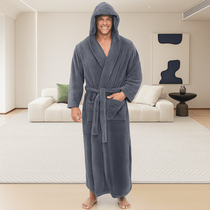 Men's Hooded Bathrobe, Soft Fluffy Robe, Long Quick Dry Sleepwear, Home Gown