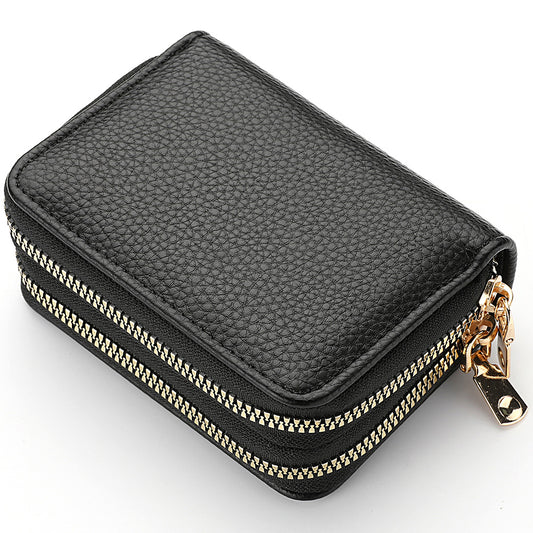 PU Leather Women's Short Purse, Lychee Print Card Holder, Bank Credit Card and ID Holder with Zipper Coin Bag