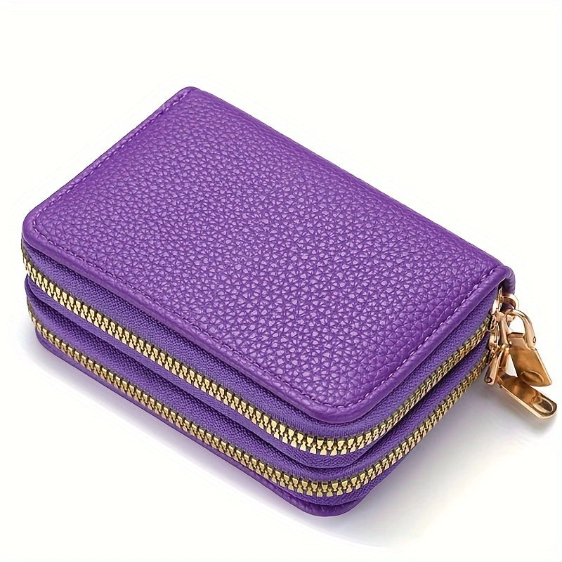 PU Leather Women's Short Purse, Lychee Print Card Holder, Bank Credit Card and ID Holder with Zipper Coin Bag