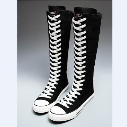 Women's High Top Canvas Shoes Korean Edition Lace-Up Long Boot Comfortable Zipper Boots