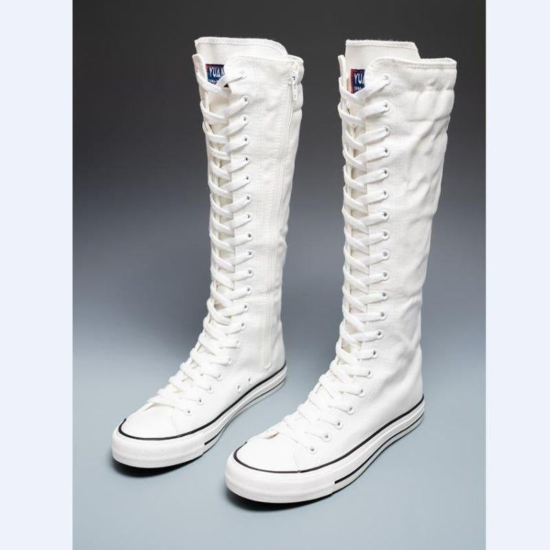 Women's High Top Canvas Shoes Korean Edition Lace-Up Long Boot Comfortable Zipper Boots