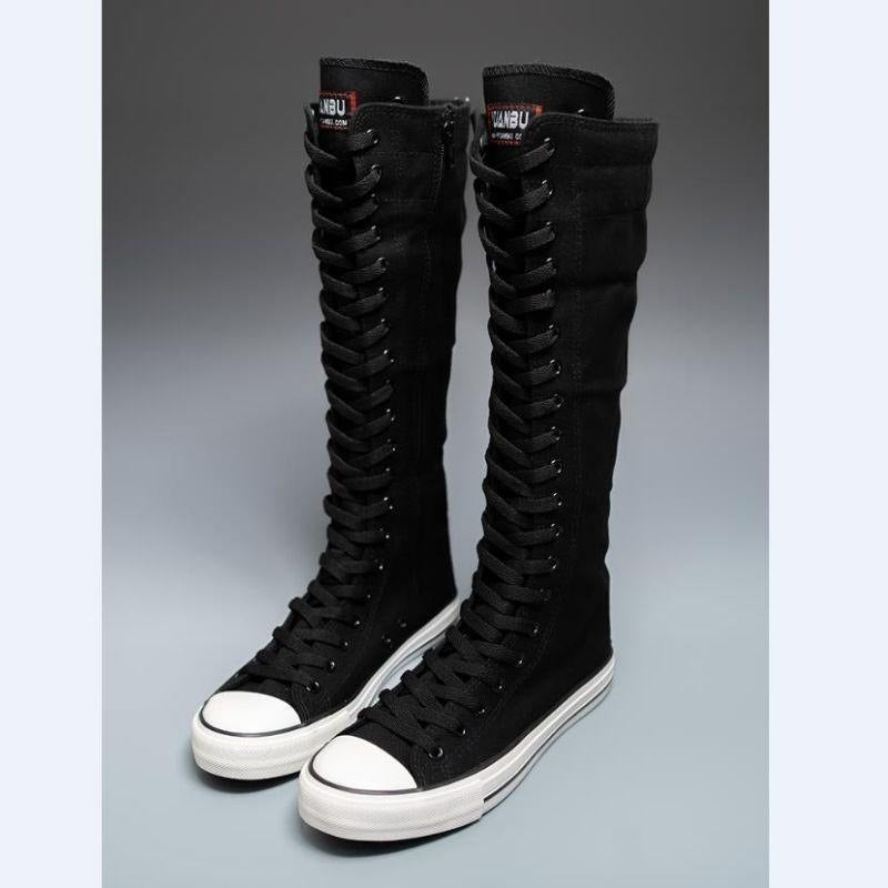 Women's High Top Canvas Shoes Korean Edition Lace-Up Long Boot Comfortable Zipper Boots
