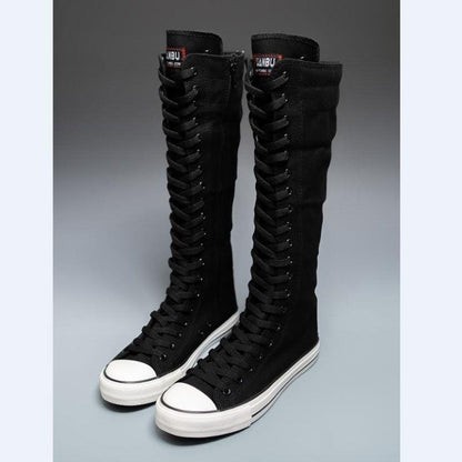 Women's High Top Canvas Shoes Korean Edition Lace-Up Long Boot Comfortable Zipper Boots