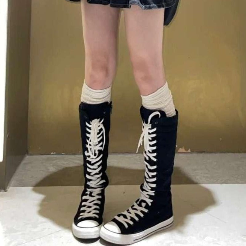 Women's High Top Canvas Shoes Korean Edition Lace-Up Long Boot Comfortable Zipper Boots