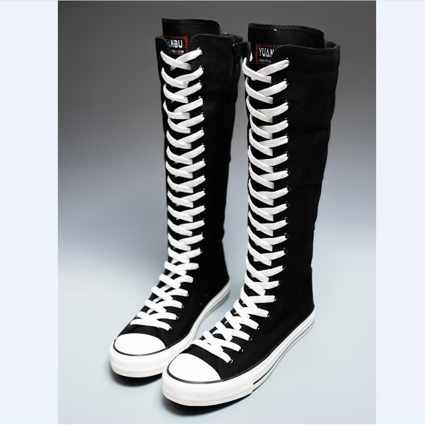 Women's High Top Canvas Shoes Korean Edition Lace-Up Long Boot Comfortable Zipper Boots