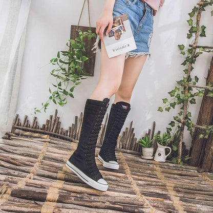 Women's High Top Canvas Shoes Korean Edition Lace-Up Long Boot Comfortable Zipper Boots